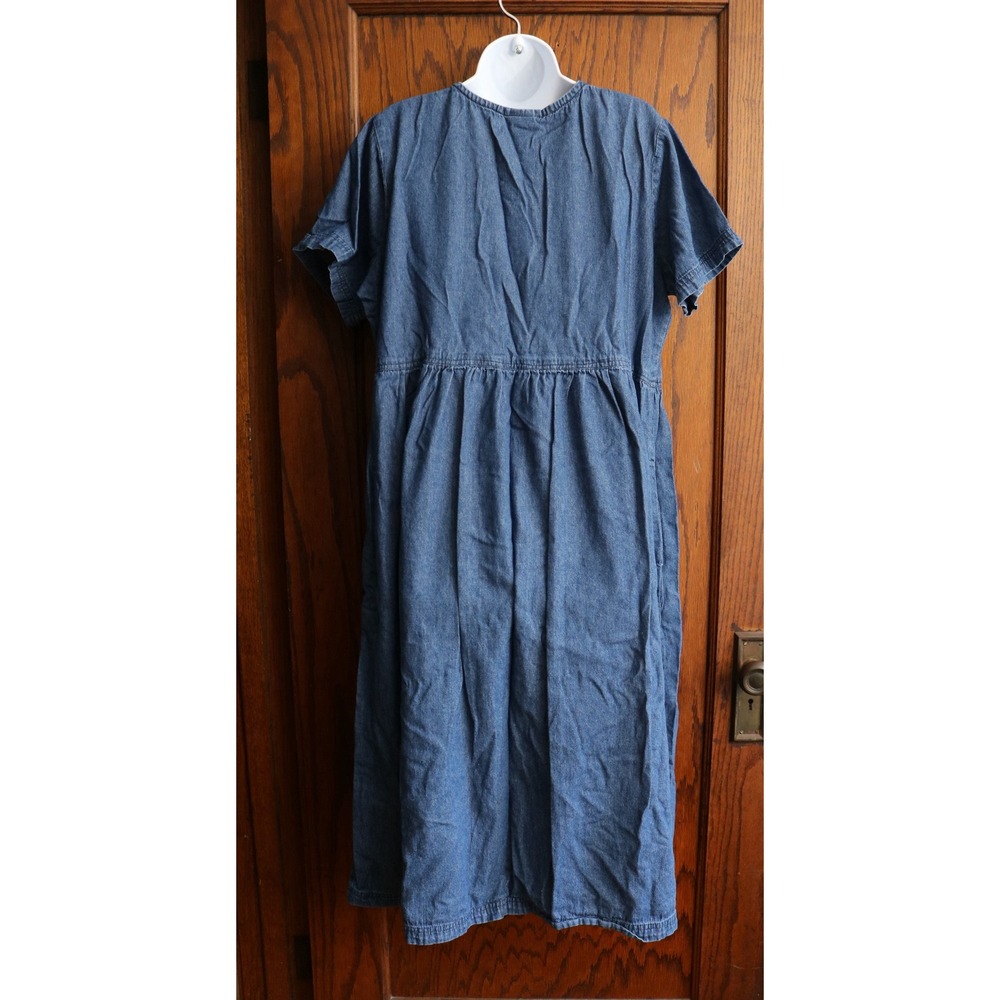 Vintage AMERICAN SWEETHEART Denim Midi Dress Women Large Blue Pocket Buttons 90s - Picture 2 of 15